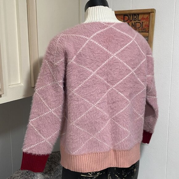 Pink Argyle Mock Neck Cat Sweater Size Medium - Picture 5 of 7